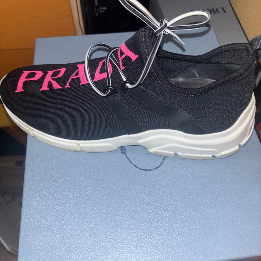 Prada Women's Black Sneakers with Pink Logo